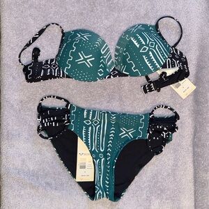 Roxy Green & Navy Print Bikini Set Small